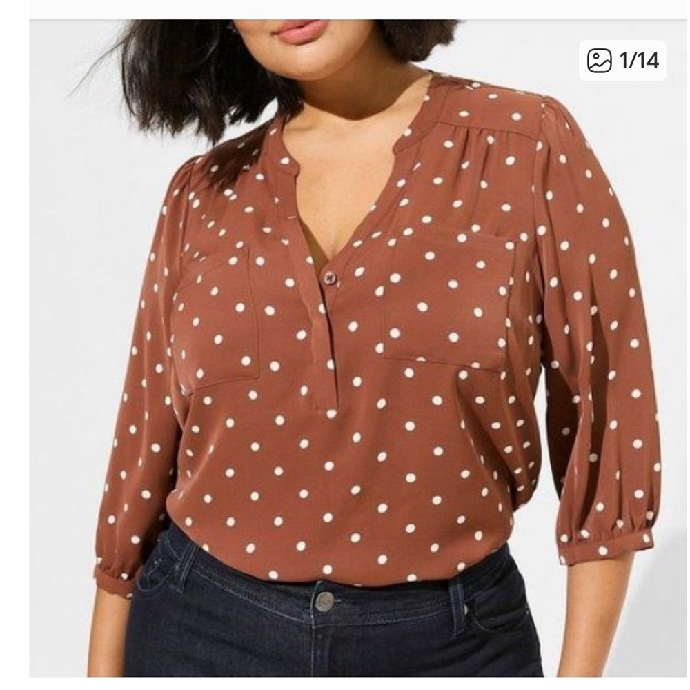 Torrid Harper Brown White Polka Dot V Neck 3/4 Sleeve Button Front Top Plus Sz 2